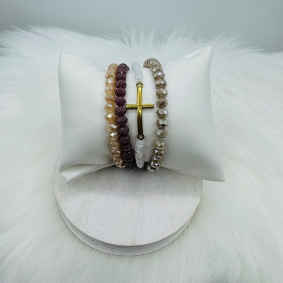 Stainless Steel Cross beaded Arm Candy Bracelet - Brown theme - Picture 6 of 6